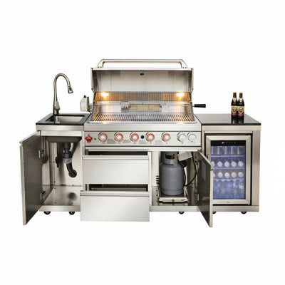 82-Inch 6-Burner Gas Grill 85,000 BTU Outdoor Kitchen Barbecue, Stainless Steel Grill Island with Sink, Storage Cabinets, and Wine Refrigerator,Backyard, Patio, Lawn, Silver (Silver, 82.4")