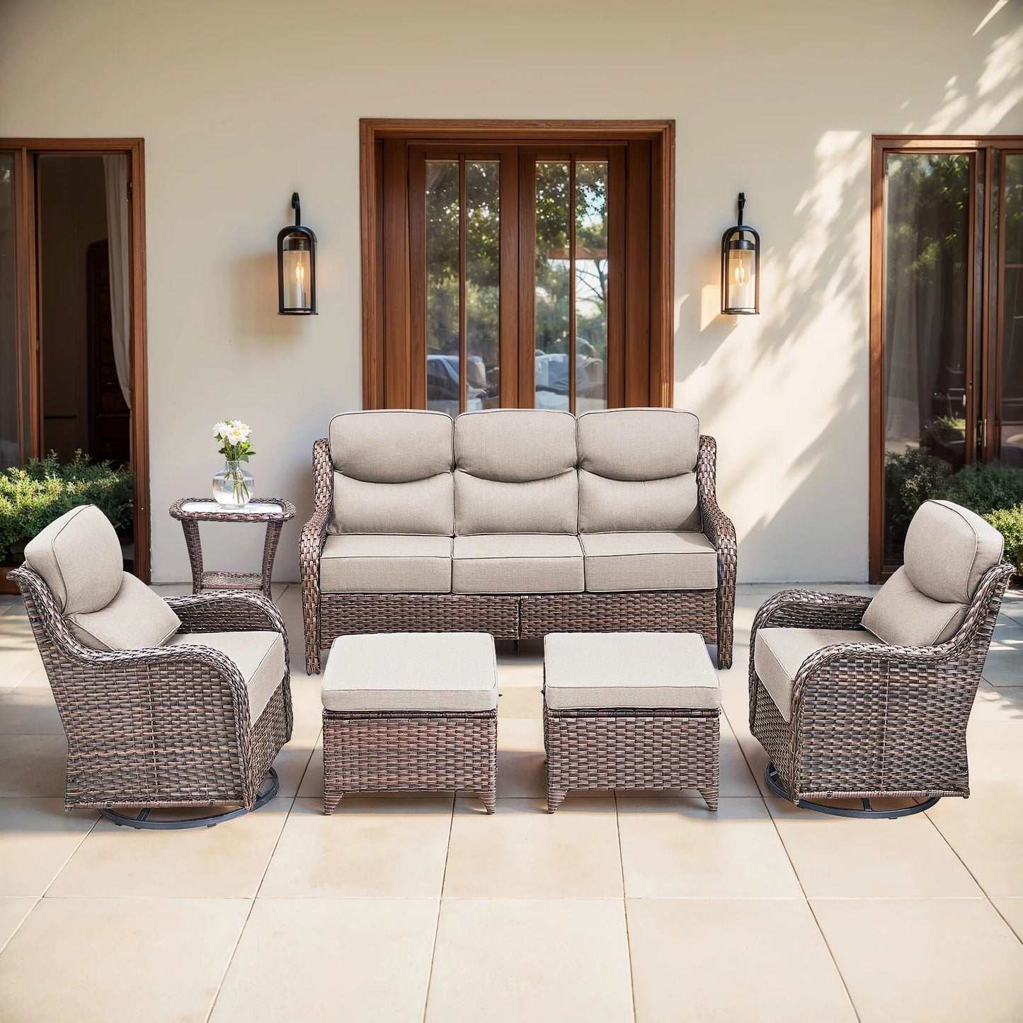 6 Pieces Outdoor Patio Furniture Set with Swivel Rocker Chairs and 6" Thick Cushions,Wicker Conversation Set with Sectional Sofa Coffee Table for Porch Deck Backyard Poolside