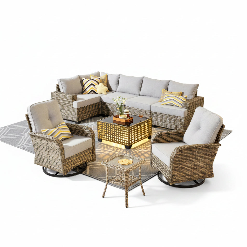 9 Pieces Patio Furniture Set outside Furniture Wicker Patio Conversation Set with Swivel Chairs, Outdoor Furniture for Garden, Gray