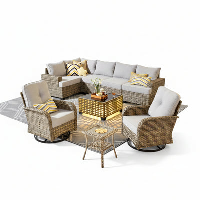 9 Pieces Patio Furniture Set outside Furniture Wicker Patio Conversation Set with Swivel Chairs, Outdoor Furniture for Garden, Gray