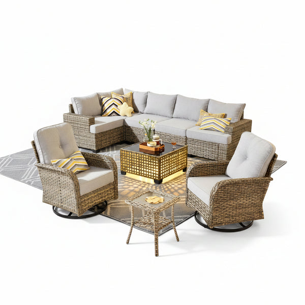 9 Pieces Patio Furniture Set outside Furniture Wicker Patio Conversation Set with Swivel Chairs, Outdoor Furniture for Garden, Gray
