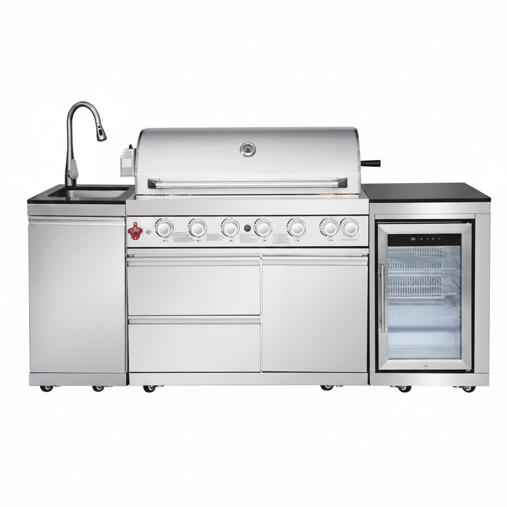 Outdoor Kitchen Island with Built in Grill, 6 Burner 83500 BTU Stainless Steel Gas Barbecue Island, Patio Cooking Station with Sink & Wine Cooler, Built in Grill Island for Backyard (Silver)
