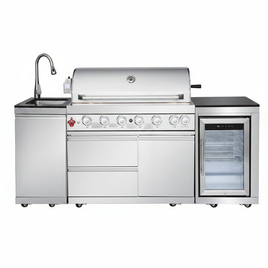 Outdoor Kitchen Island with Built in Grill, 6 Burner 83500 BTU Stainless Steel Gas Barbecue Island, Patio Cooking Station with Sink & Wine Cooler, Built in Grill Island for Backyard (Silver)