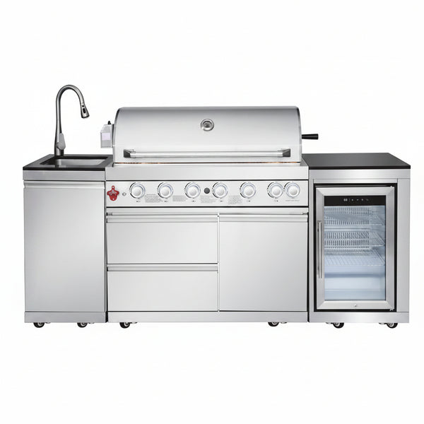 Outdoor Kitchen Island with Built in Grill, 6 Burner 83500 BTU Stainless Steel Gas Barbecue Island, Patio Cooking Station with Sink & Wine Cooler, Built in Grill Island for Backyard (Silver)
