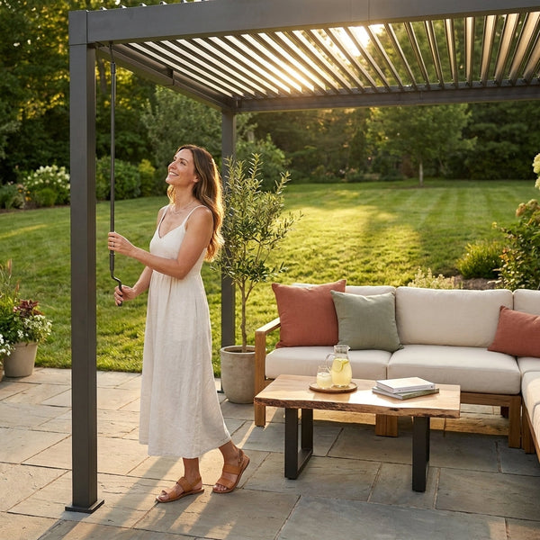Louvered Pergola Built for Year-Round Use, Adjustable Roof, Aluminum Frame, Integrated Drainage System