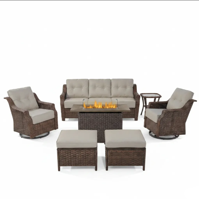 Luxurious 7 Piece Patio Furniture Set with Fire Pit Table, High Back Wicker Swivel Rocker Glider Outdoor Chairs with 6" Cushion, All-Weather Patio Conversation Set for Yard Garden - Brown/Beige