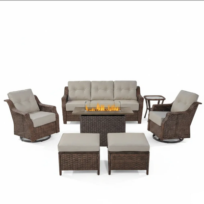 Luxurious 7 Piece Patio Furniture Set with Fire Pit Table, High Back Wicker Swivel Rocker Glider Outdoor Chairs with 6" Cushion, All-Weather Patio Conversation Set for Yard Garden - Brown/Beige