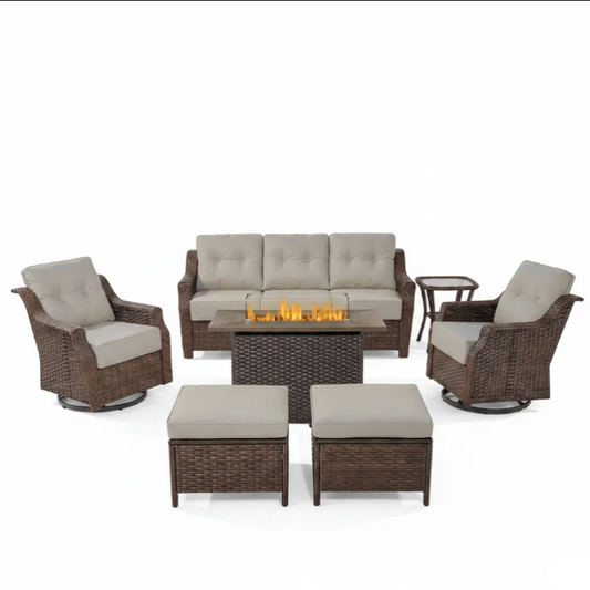 Luxurious 7 Piece Patio Furniture Set with Fire Pit Table, High Back Wicker Swivel Rocker Glider Outdoor Chairs with 6" Cushion, All-Weather Patio Conversation Set for Yard Garden - Brown/Beige