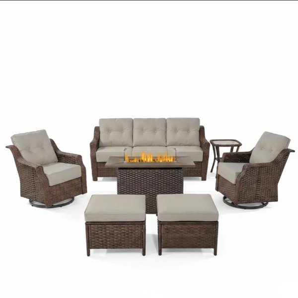 Luxurious 7 Piece Patio Furniture Set with Fire Pit Table, High Back Wicker Swivel Rocker Glider Outdoor Chairs with 6" Cushion, All-Weather Patio Conversation Set for Yard Garden - Brown/Beige