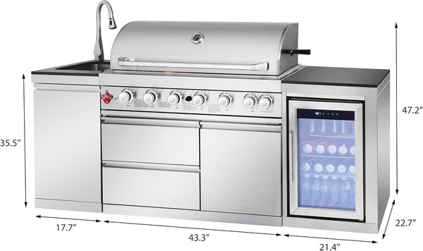 82-Inch 6-Burner Gas Grill 85,000 BTU Outdoor Kitchen Barbecue, Stainless Steel Grill Island with Sink, Storage Cabinets, and Wine Refrigerator,Backyard, Patio, Lawn, Silver (Silver, 82.4")