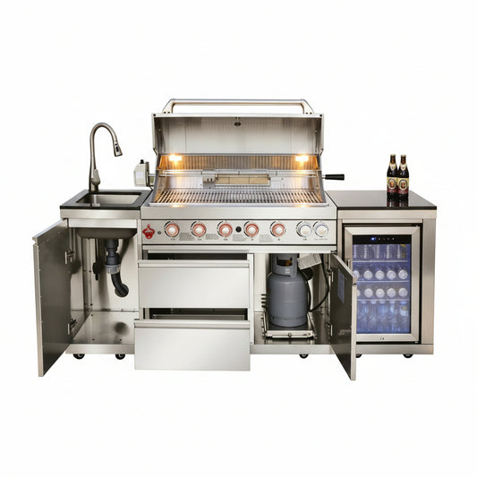 82-Inch 6-Burner Gas Grill 85,000 BTU Outdoor Kitchen Barbecue, Stainless Steel Grill Island with Sink, Storage Cabinets, and Wine Refrigerator,Backyard, Patio, Lawn, Silver (Silver, 82.4")