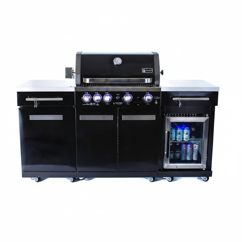 Premium 70"W Black Stainless Steel Outdoor Kitchen Island BBQ Gas Grill with Compact Refrigerator & Rotisserie Burner + Dual Sided Griddle Plate + Charcoal Tray + Natural Gas Conversion Kit
